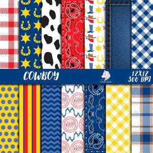 Puede incluir: Una colección de papeles digitales con temática de vaqueros. Los diseños incluyen cuadros rojos, insignias de sheriff azules, manchas de vaca, paisley rojo, mezclilla y cuadros amarillos. La palabra "COWBOY" está escrita en escritura blanca. Los papeles miden 30,5x30,5 cm a 300 DPI.