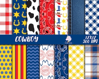 Cowboy digital paper, cowboy clipart, western paper pack, 12 x 12 paper set, red paisley lace, yellow blue plaid, scrapbooking paper, commer