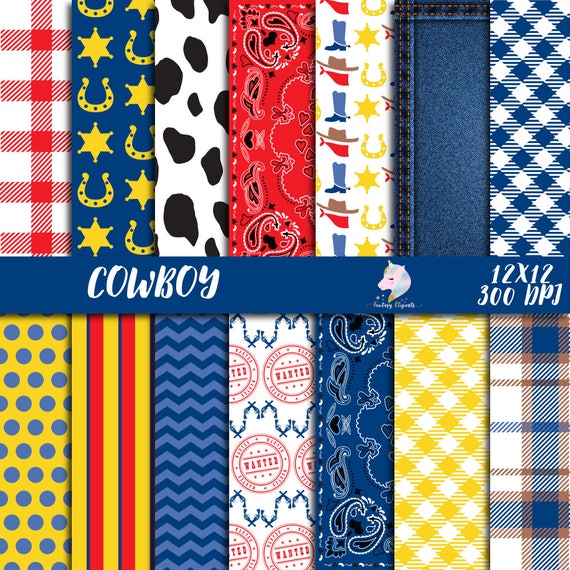 Cowboy digital paper, cowboy clipart, western paper pack, 12 x 12 paper set, red paisley lace, yellow blue plaid, scrapbooking paper, commer Il_570xn