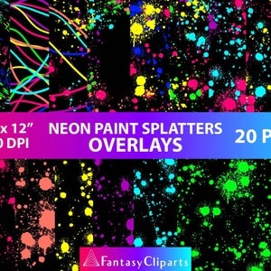 Salpicaduras de pintura de neón Superposiciones Clipart PNG / Paintball Gotea Clip Art / Textura de salpicadura de tinta de neón / Superposición de colores vibrantes / Uso comercial