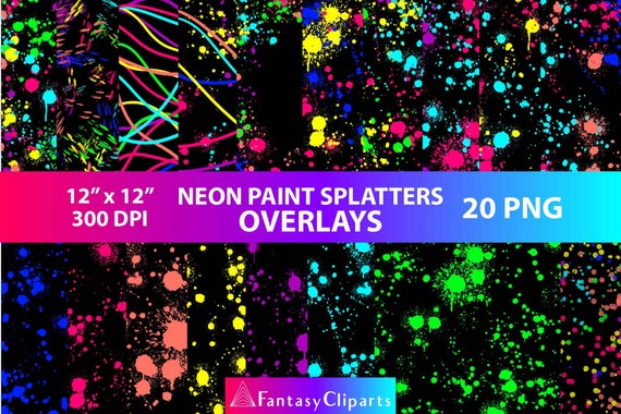 Neon Paint Splatters Overlays Clipart PNG | Paintball Drips Clip Art | Neon Ink Splash Texture | Vibrant Colors Overlay | Commercial Use Il_570xn