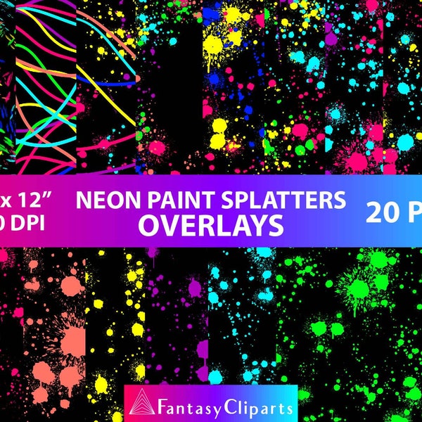 Neon Paint Splatters Overlays Clipart PNG | Paintball Drips Clip Art | Neon Tinte Splash Textur | Lebendige Farben Overlay | Kommerzielle Nutzung