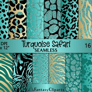 Turchese Glitter Safari Animal Print Digital Paper / Teal Cheetah Seamless Pattern / Leopard Print Textures / Aqua Zebra Background 12x12
