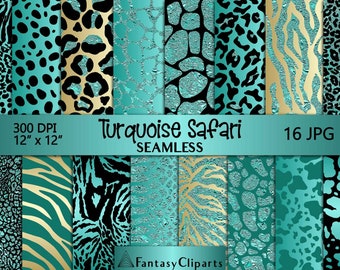 Turquoise Glitter Safari Animal Print Digital Paper | Teal Cheetah Seamless Pattern | Leopard Print Textures | Aqua Zebra Background 12x12