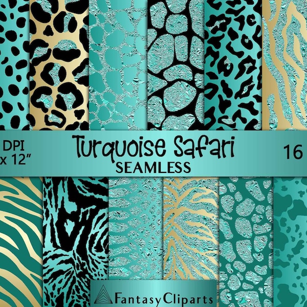 Turquoise Glitter Safari Animal Print Digital Paper | Teal Cheetah Seamless Pattern | Leopard Print Textures | Aqua Zebra Background 12x12