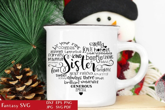 Sister Heart - Shaped Word Art | Typography Heart | Mother's Day | Christmas SVG Cut File For Cricut | Family Quote DXF | Commercial Use Il_570xn