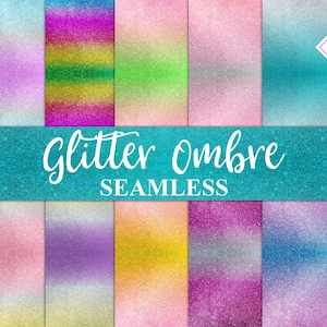 Puede incluir: Una colección de patrones de brillo ombre sin costuras en varios colores, incluyendo turquesa, rosa, morado y dorado. Las palabras "Glitter Ombre SEAMLESS" se muestran en escritura blanca. Un logotipo está en la esquina superior derecha.