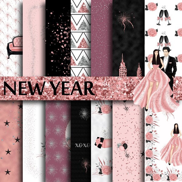 New Years eve paper, rose gold glitter, silver glitter paper, fashion illustration, new york drop ball, scrapbooking paper, love couple, ro