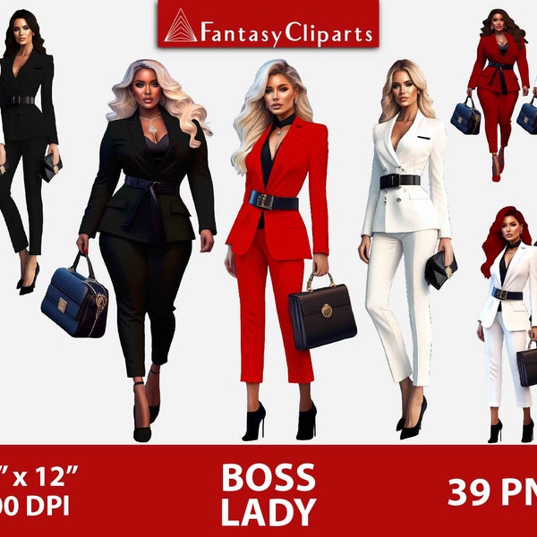 Girl Boss Clipart | Fashion Illustration | African American Woman in Business Suit | Blonde Curvy Lady Boss | Boss Babe Clip Art Sublimation
