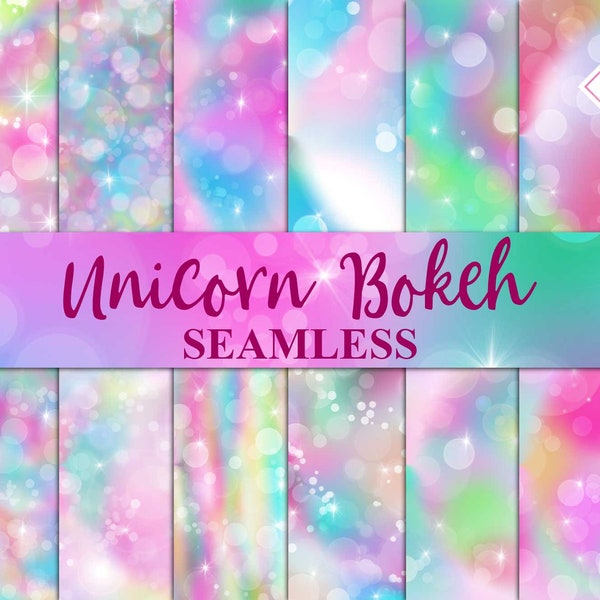 Bokeh unicornio, papel digital, pastel arco iris, fondos borrosos, luces brillantes, ombre suave sin costuras, libro de recortes imprimible, imágenes prediseñadas de fantasía