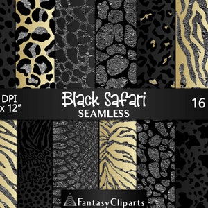 Black Glitter Safari Animal Print Digital Paper / Gothic Cheetah Seamless Pattern / Dark Leopard Print Textures / Halloween Zebra Background