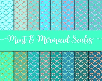 Mint digital paper in jpg format made by fantasy cliparts, glitter fish mermaid scales patterns size 12x12 inches, commercial use