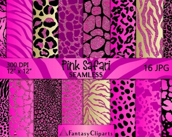 Hot Pink Glitter Safari Animal Print Digital Paper | Magenta Cheetah Seamless Pattern | Leopard Print Textures | Fuchsia Zebra Background