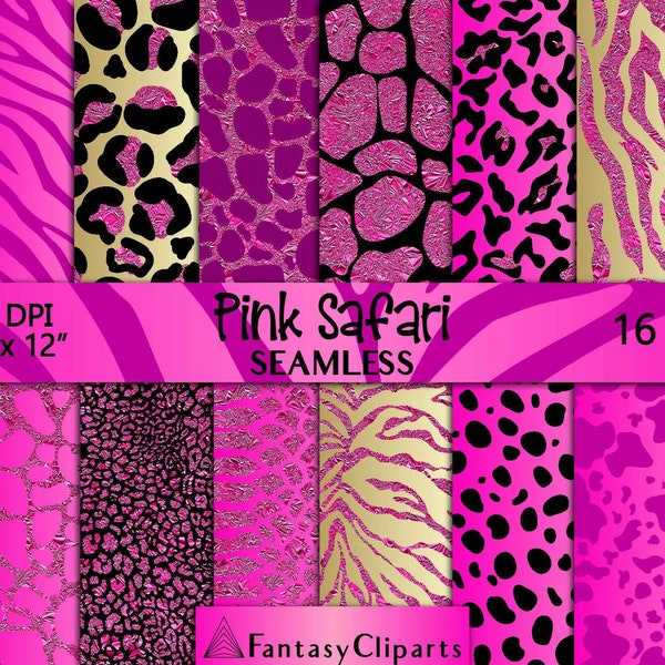 Hot Pink Glitter Safari Animal Print Digital Paper | Magenta Cheetah Seamless Pattern | Leopard Print Textures | Fuchsia Zebra Background