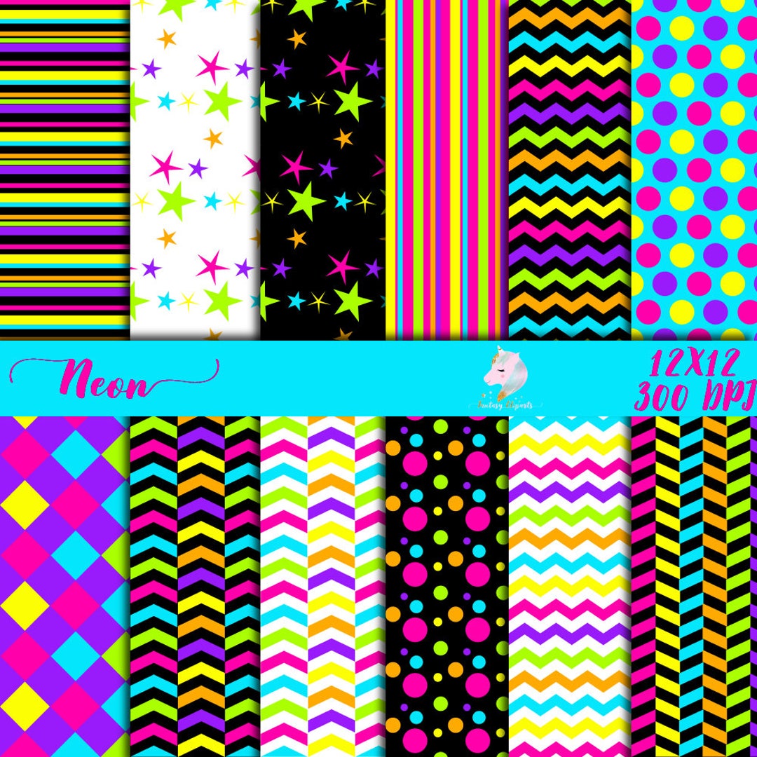 Neon Digital Paper, Neon Paper Pack, Scrapbooking Paper, Fluorescent