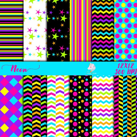 Neon digital paper, neon paper pack, scrapbooking paper, fluorescent stars, neon light colors, colorful chevron, fluoro printable, neon back Il_570xn