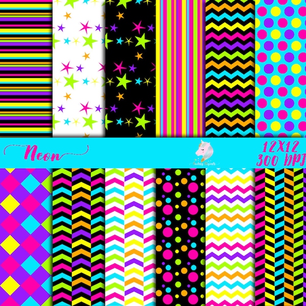 Neon Digitales Papier, NeonPapier pack, Scrapbooking Papier, fluoreszierende Sterne, neon helle Farben, bunt Chevron, fluoro druckbar, Neon Rückseite