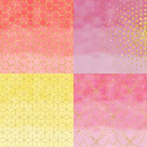 May include: A digital collage of four different patterns with a watercolor background. The patterns are a honeycomb, a polka dot, a geometric pattern, and a diamond pattern. All of the patterns are in gold and the watercolor background is in shades of pink.