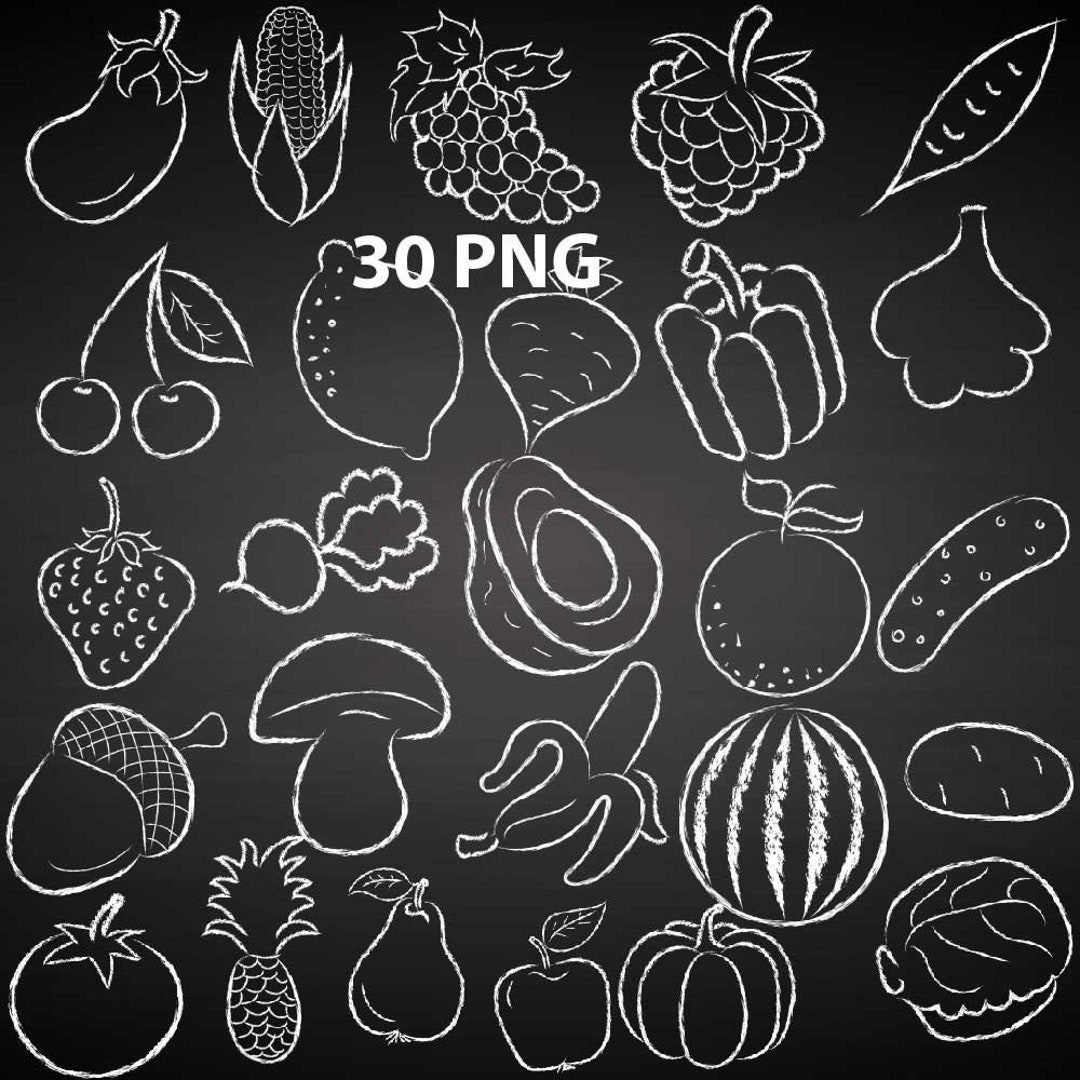 Fruit and Veggies in Chalk Effect, White Chalkboard Doodles and