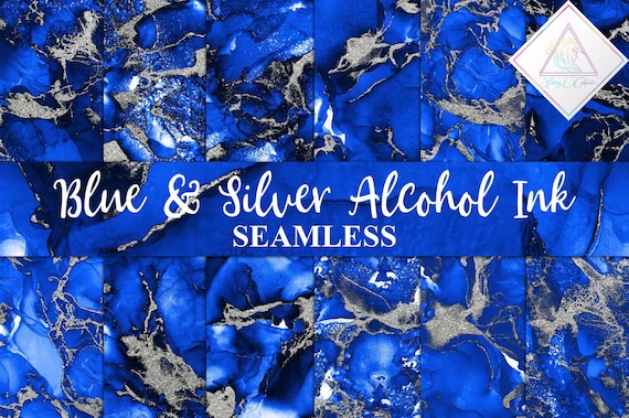 Blue alcohol ink, silver glitter, digital paper, seamless patterns, liquid textures, fluid backgrounds, royal blue admiral, watercolor abstr Il_570xn