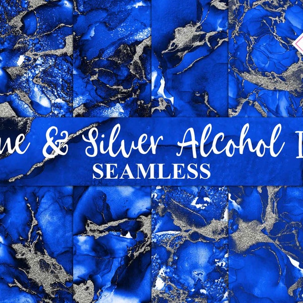 Blue alcohol ink, silver glitter, digital paper, seamless patterns, liquid textures, fluid backgrounds, royal blue admiral, watercolor abstr