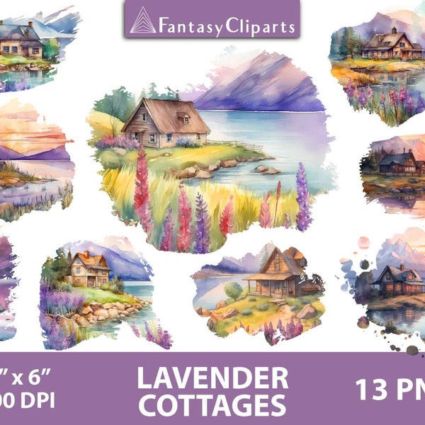 Lavender Cottage Overlay Clipart | Watercolor Hand Painted Landscape Clip Art | Mountain Cabin Floral Meadow | Country Rustic Sunrise Sunset