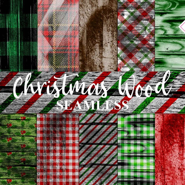 Christmas wood, digital paper, seamless patterns, grunge distressed, deer holly leaf, rustic textures, red backgrounds, old barn wood, green