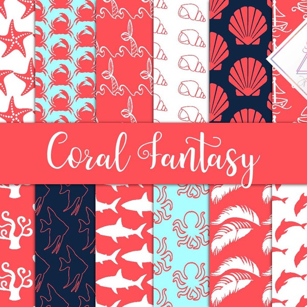 Coral fantasy, navy digital paper, mint pattern, pink sea shell ocean, green backgrounds, shark dolphin star, monstera tropical, tu