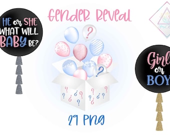 Gender reveal, baby clipart, shower party, he or she, balloon tassels, girl or boy, babies feet, pink blue balloons, surprise box, glitter d