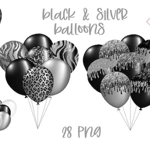 May include: A set of 28 black and silver balloons with different patterns, including leopard print, zebra print, glitter, and dripping silver. The balloons are arranged in two groups, with one group of 10 balloons and another group of 8 balloons.