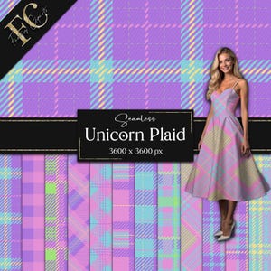 Papier numérique à carreaux licorne | Damiers pastel | Fonds tartan fantaisistes | Motifs vichy sans couture | Impressions magiques de scrapbooking