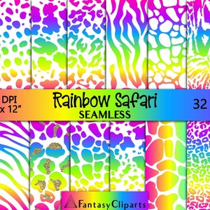 May include: A set of 32 digital papers featuring rainbow gradient animal print patterns. The patterns include zebra, leopard, and snake skin. The papers are 12 inches by 12 inches and 300 DPI. The text "Rainbow Safari Seamless" is included in the image.