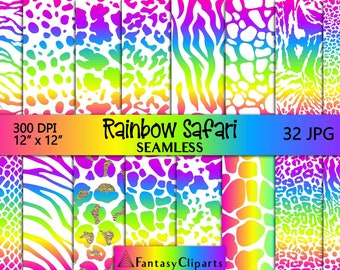 Neon Animal Print Digital Paper | Rainbow Safari Seamless Pattern | Cheetah Print | Leopard Print Textures JPG | Africa Skin Backgrounds