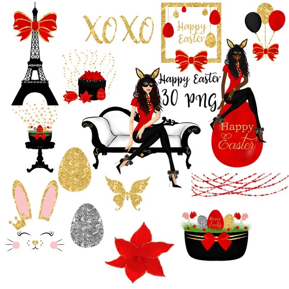Easter clipart, spring clip art, fashion illustration, girl boss babe, gold glitter eggs, african american girl, blonde woman, black eiffel Il_570xn