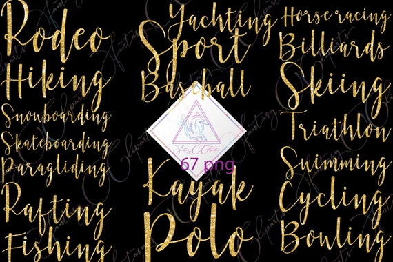 Sport word art in png, color is gold glitter perfect for planner stickers, rugby cycling football, soccer baseball basketball, water polo Il_570xn