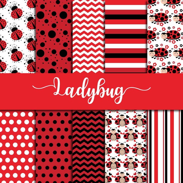 Cute ladybug, digital paper, kids decoration, children birthday, red chevron jpg, striped pattern, polka dots, cute bugs insects, lady bug,