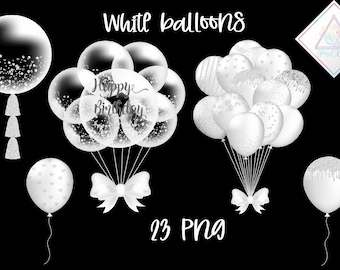 White balloons, party clip art, baby shower, shimmer glitter, bunch bunches, foil effect, shimmer pearl, drippings drips, transparent balloo