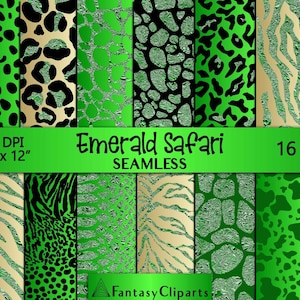 Emerald Glitter Safari Animal Print Digital Paper | Motif sans couture de guépard vert | St Patricks Day Textures Léopard | Arrière-plans zébrés