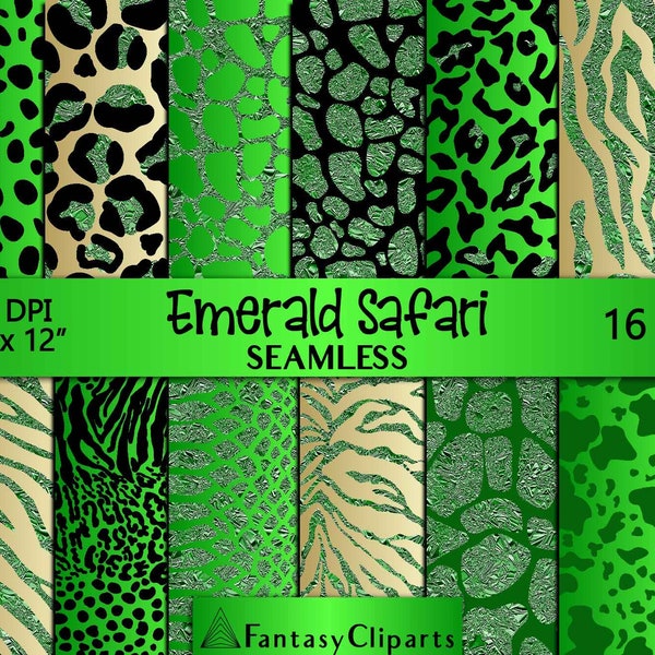 Emerald Glitter Safari Animal Print Digital Paper | Green Cheetah Seamless Pattern | St Patricks Day Leopard Textures | Zebra Backgrounds