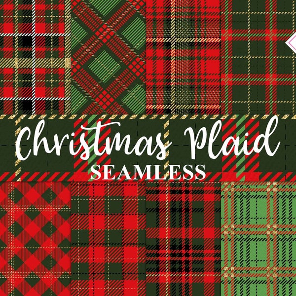 Christmas plaid, gold glitter, red digital paper, seamless patterns, flannel checks, buffalo tartan, log cabin lumberjack, scottish fabric,