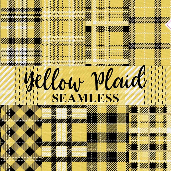 Yellow plaid, seamless patterns, digital paper, tartan textures, twill backgrounds, buffalo gingham, log cabin lumberjack, flannel checks, p