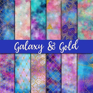 Galaxy digital paper, galaxy with golden, gold pattern, distressed textures, galaxy backgrounds, purple starry night, geometric pattern, mer