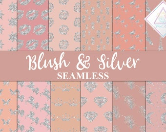 Blush silver glitter, digital paper, pink backgrounds, rose gold gray, metal metallic, pineapple flamingo, seamless patterns, sun moon butte