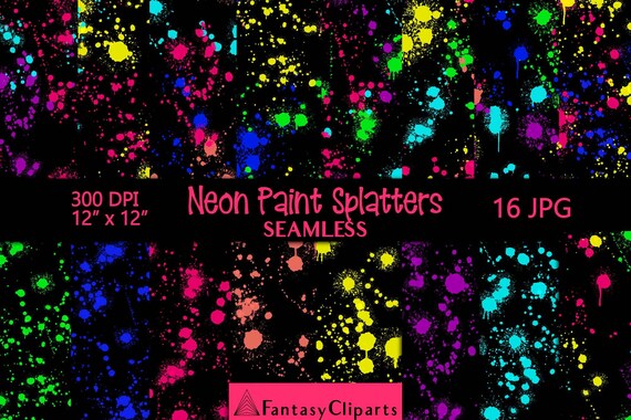Neon Paint Splatters On Black Digital Paper | Paintball Drips Seamless Pattern | Patterned Ink Splash JPG | Paint Texture Commercial Use Il_570xn
