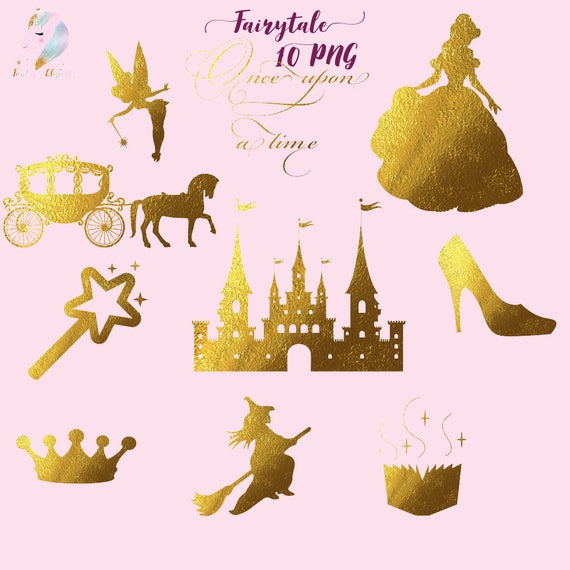 Fairytale clip art, fairy tale clipart, gold foil fairy, princess castle, gold foil graphics, horse carriage, book of spell, magic wand, bi Il_570xn