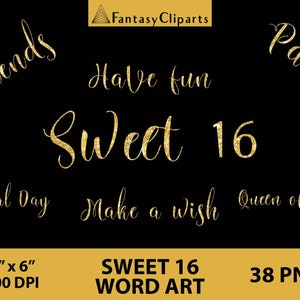 Sweet 16 Word Art | Gouden Glitter Sweet Sixteen Verjaardag Clipart | Overlay-| met veel voorkomende citaten Verjaardagsfeestjes Brieven Overlays | Commercieel gebruik