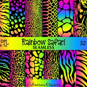 Neon TierDruck Digitalpapier | Regenbogen Safari Nahtloses Muster | Gepard Print | Leopard Print Texturen JPG | Afrika Haut Hintergründe