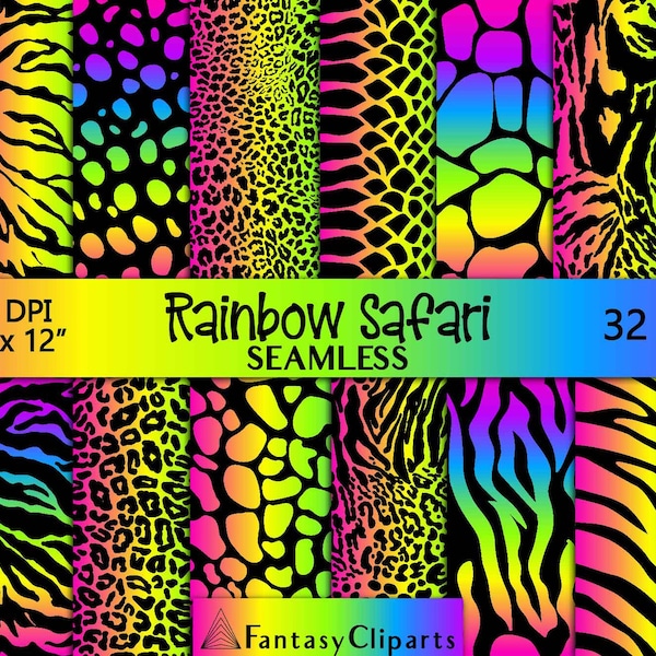 Neon Animal Print Digital Paper | Rainbow Safari Seamless Pattern | Cheetah Print | Leopard Print Textures JPG | Africa Skin Backgrounds