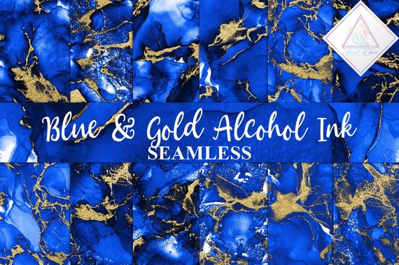 Blue alcohol ink, gold glitter, digital paper, seamless patterns, liquid textures, fluid backgrounds, royal blue admiral, watercolor abstrac Il_570xn