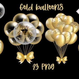 Gouden ballonnen, ballon clipart, baby shower party, transparante png, glitter schittering, pastel graphics, gouden decor, enkele trossen, confetti